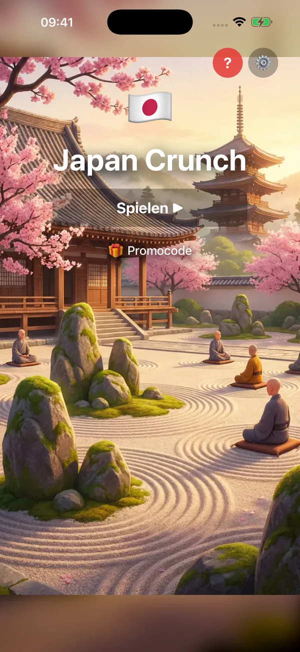 Japan Crunch – traditioneller Zen-Garten mit Mönchen, Pagode und Kirschblüten als japanische Themenwelt