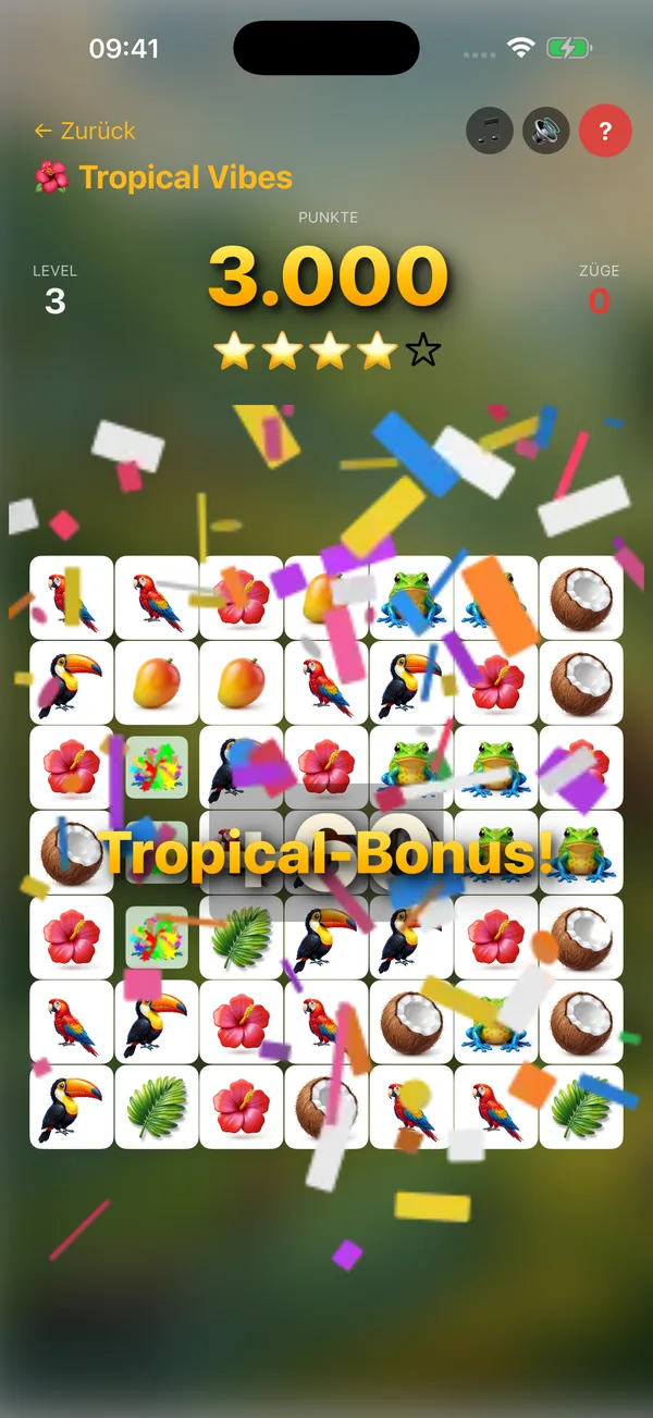 Tropical-Bonus mit 4 Sternen und 3000 Punkten – Match-3-Erfolg mit Konfetti-Animation in der Tropical-Vibes-Welt